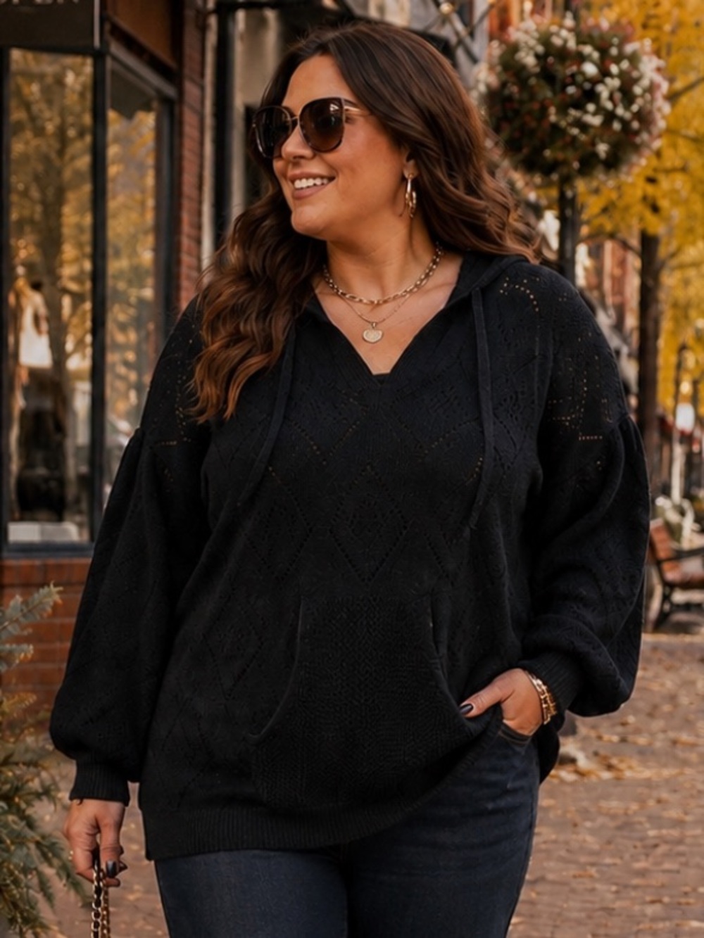 Call It Comfort Black Pointelle  Light Weight Summer Sweater Hoodie